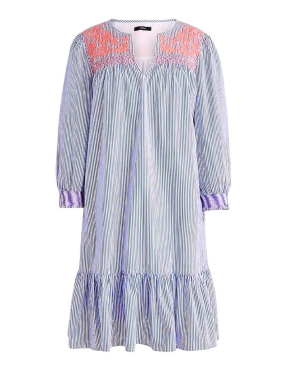 *NWT* J. Crew Embroidered Striped Popover Dress + Smocking, Ruffle Hem & Pockets